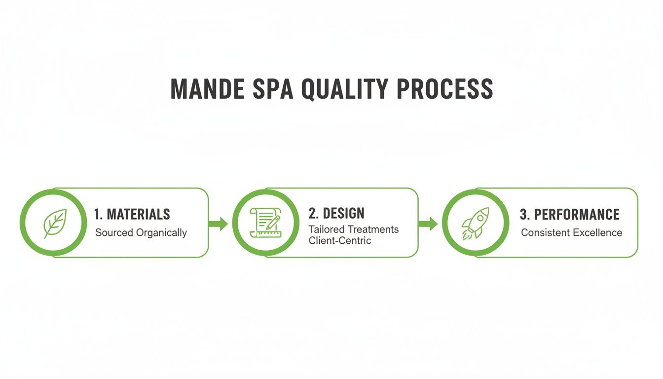 Mande Spa quality process diagram illustrating materials, design, and performance steps with icons.