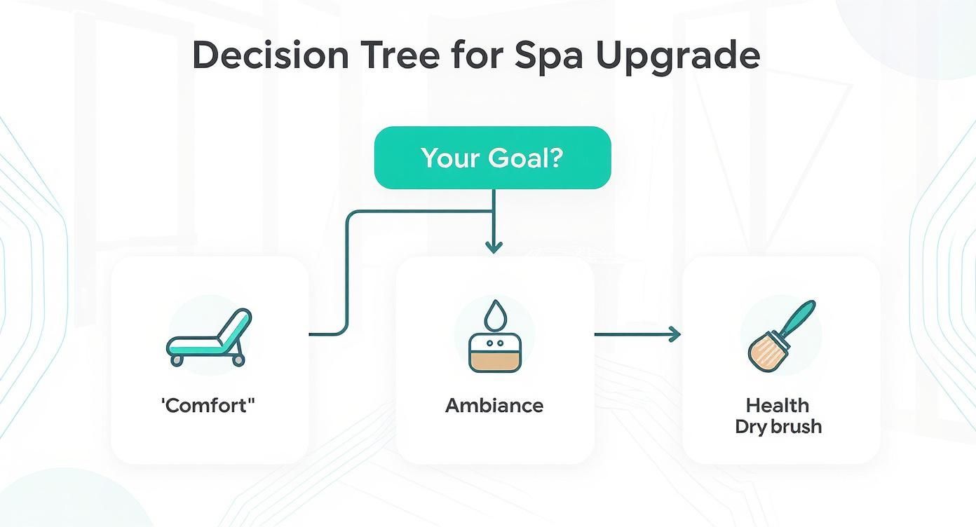 Infographic decision tree for choosing the best sauna accessories based on goals like comfort, ambiance, or a health.