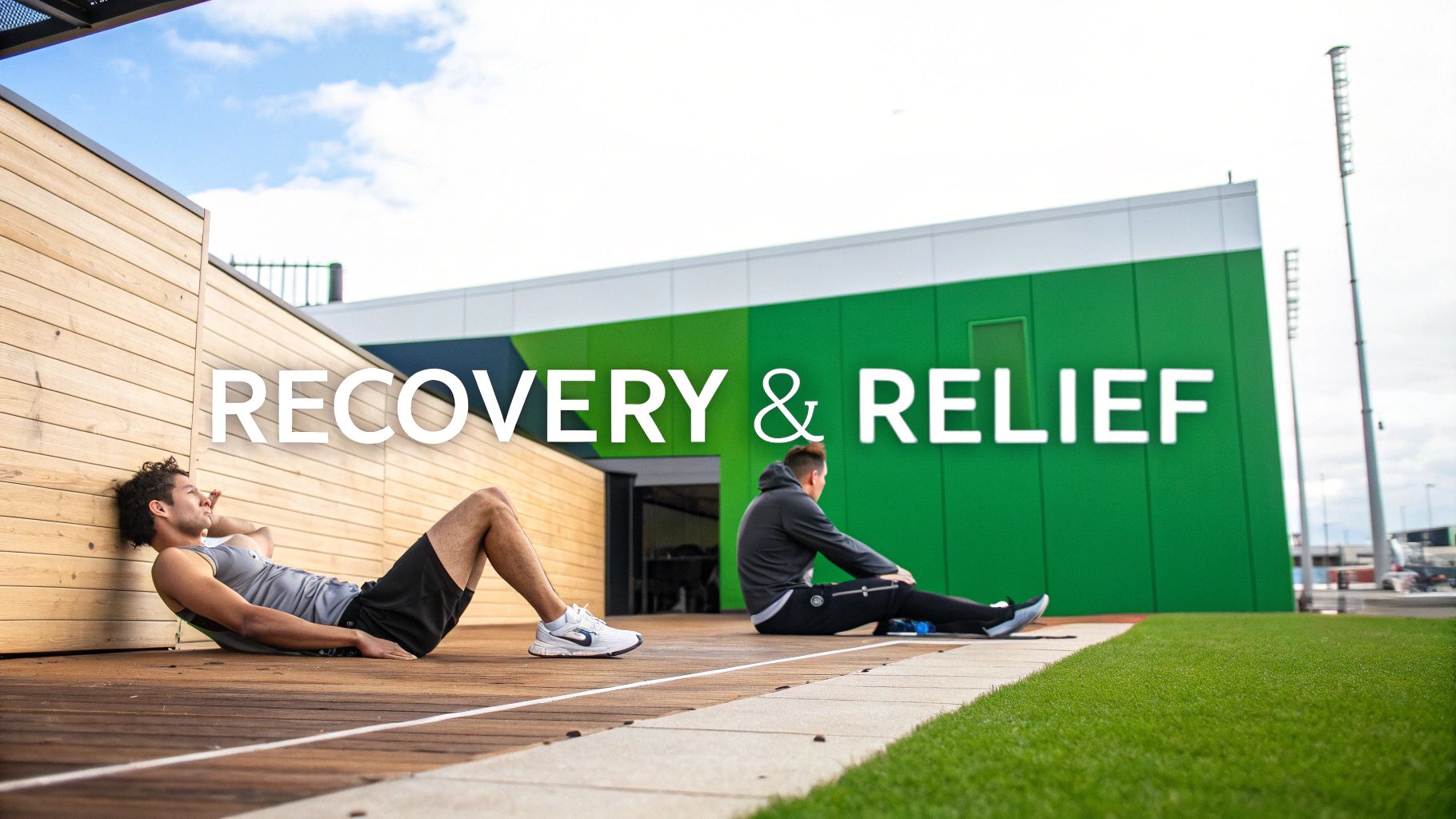 Two men engaging in outdoor recovery exercises, emphasizing relief and physical well-being.
