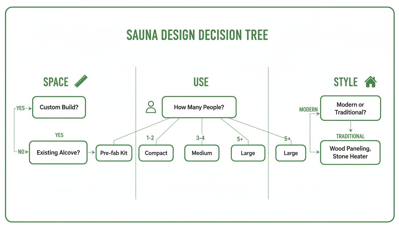 A sauna design decision tree guiding choices based on space, use (people), and style.