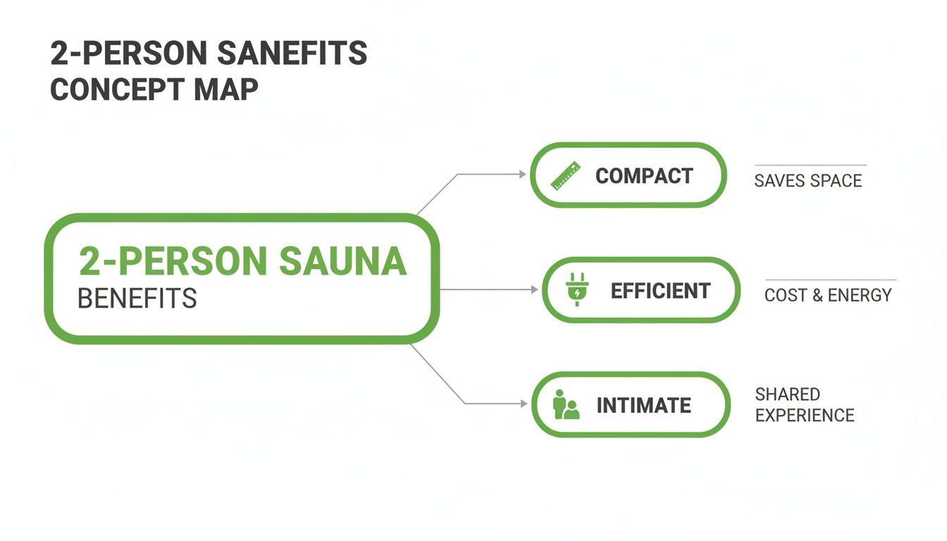 Concept map showing benefits of a 2-person sauna: compact, efficient, and intimate.