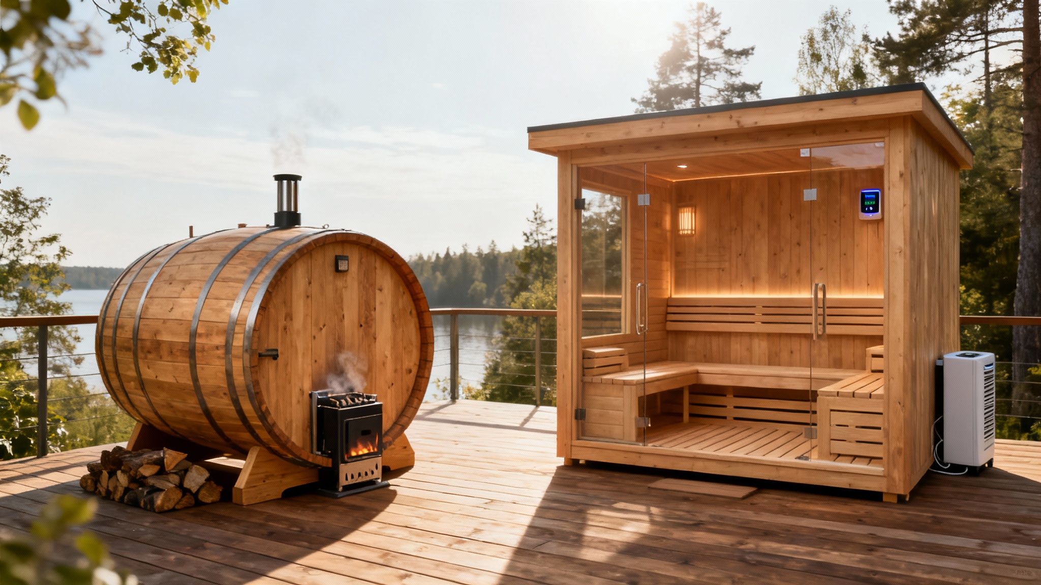 A stylish barrel sauna with a panoramic window, situated in a serene, wooded backyard.