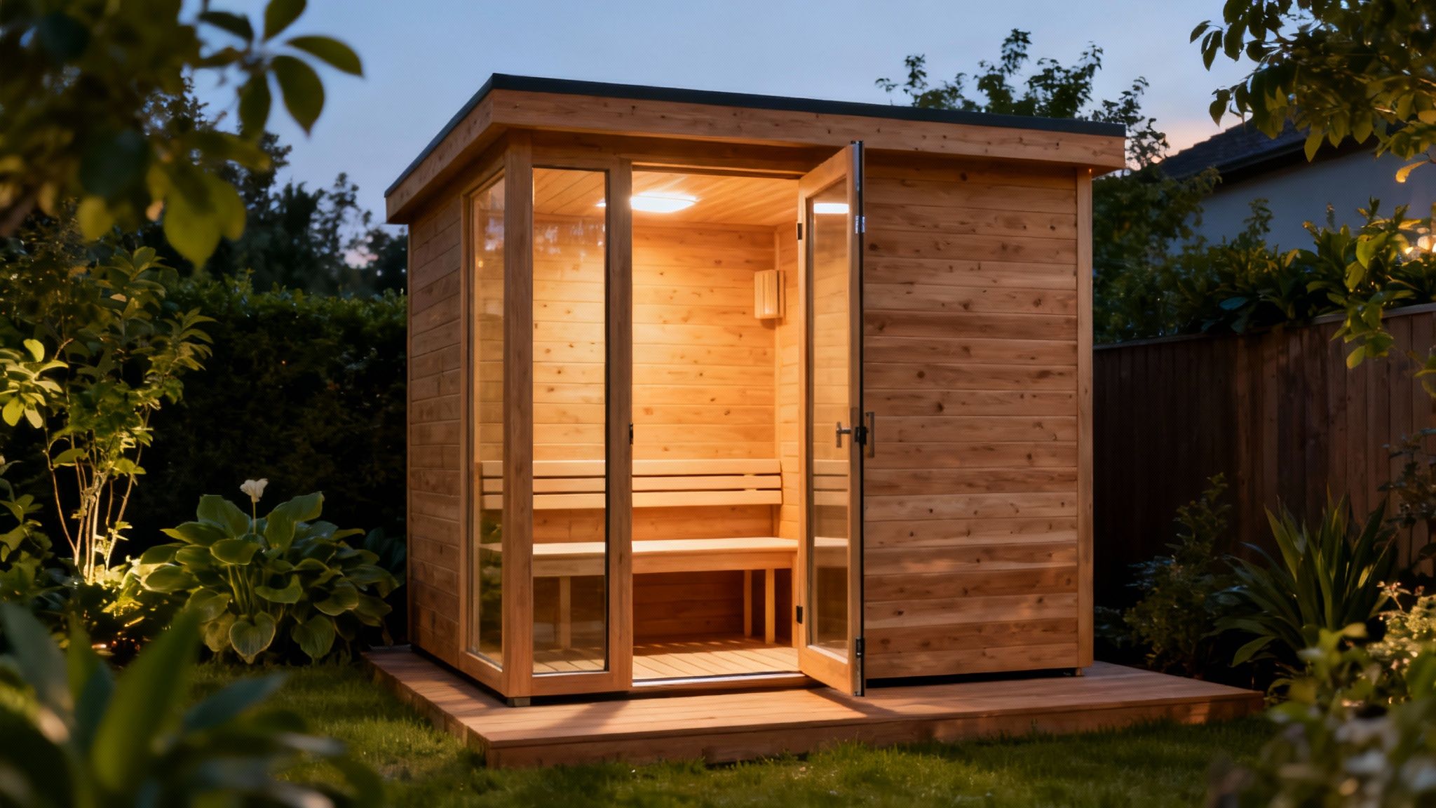 A high-end outdoor sauna situated in a serene backyard, highlighting it as a personal recovery sanctuary.