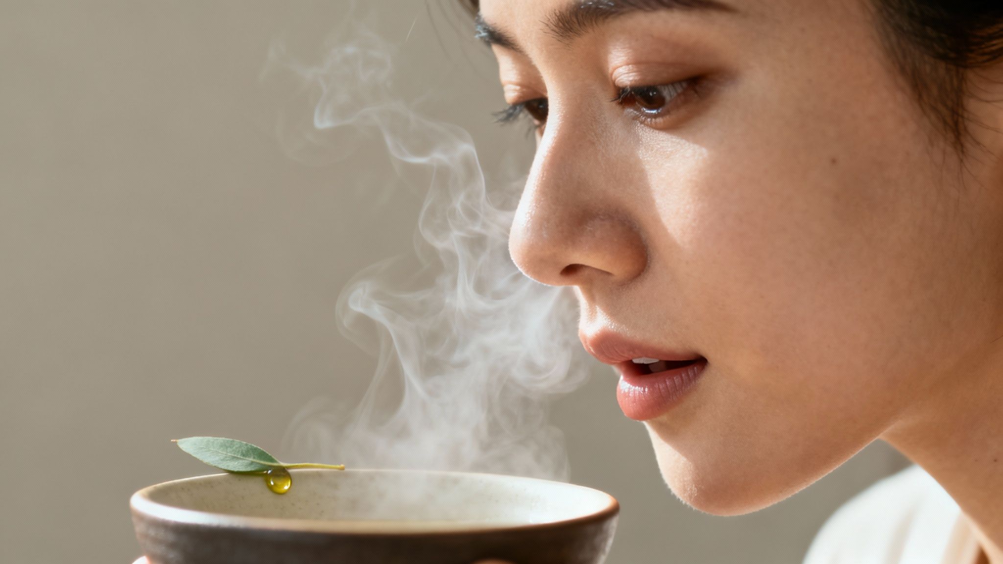 A person breathing in steam, looking relieved from sinus pressure.