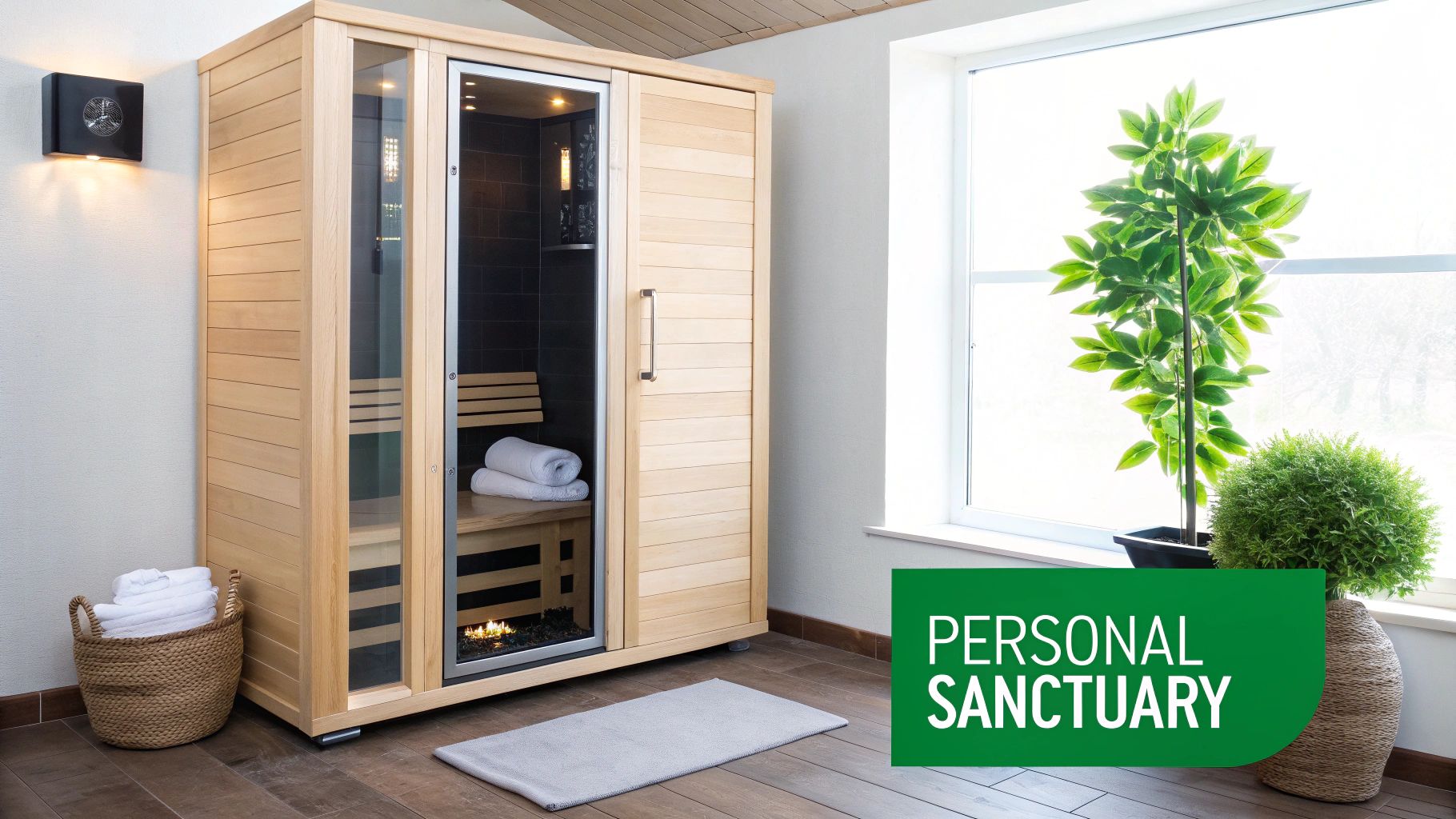 A light wood infrared sauna with a glass door in a bright room, surrounded by plants and towels.