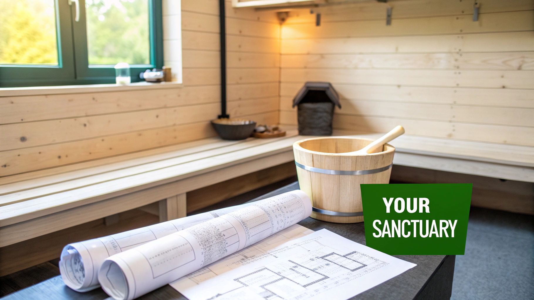 Architectural blueprints on a table in a modern home sauna with wooden walls, benches, and a window.
