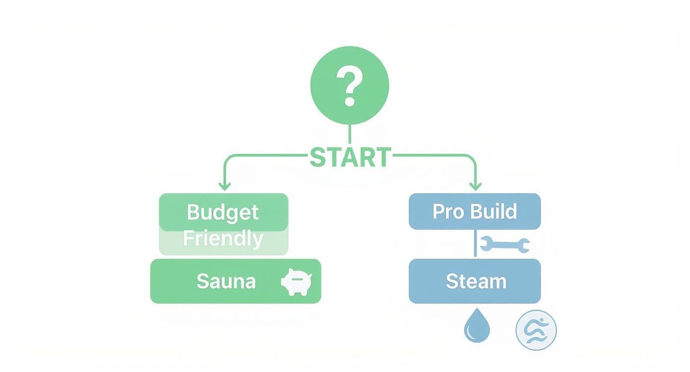 A flowchart comparing budget-friendly sauna options with professional steam room builds.