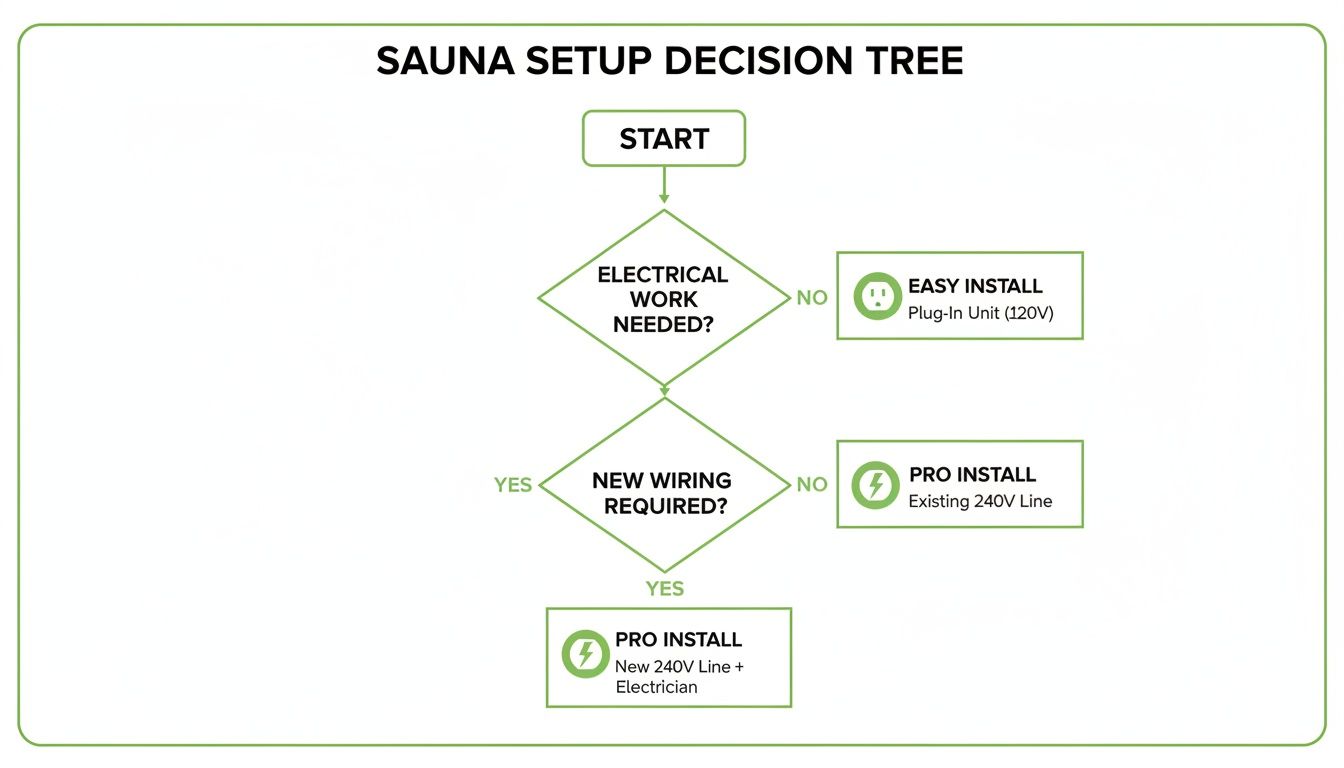 Sauna setup decision tree flowchart illustrating installation options based on electrical work needed.