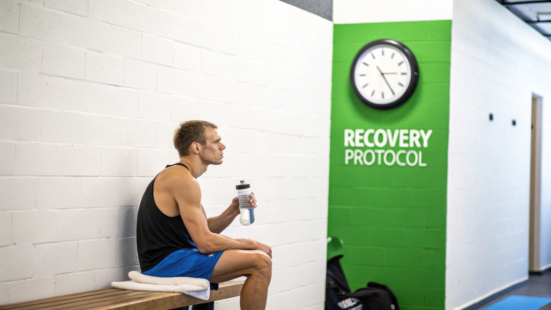 Athlete rests on a bench with a water bottle after a workout, next to a 'RECOVERY PROTOCOL' sign.