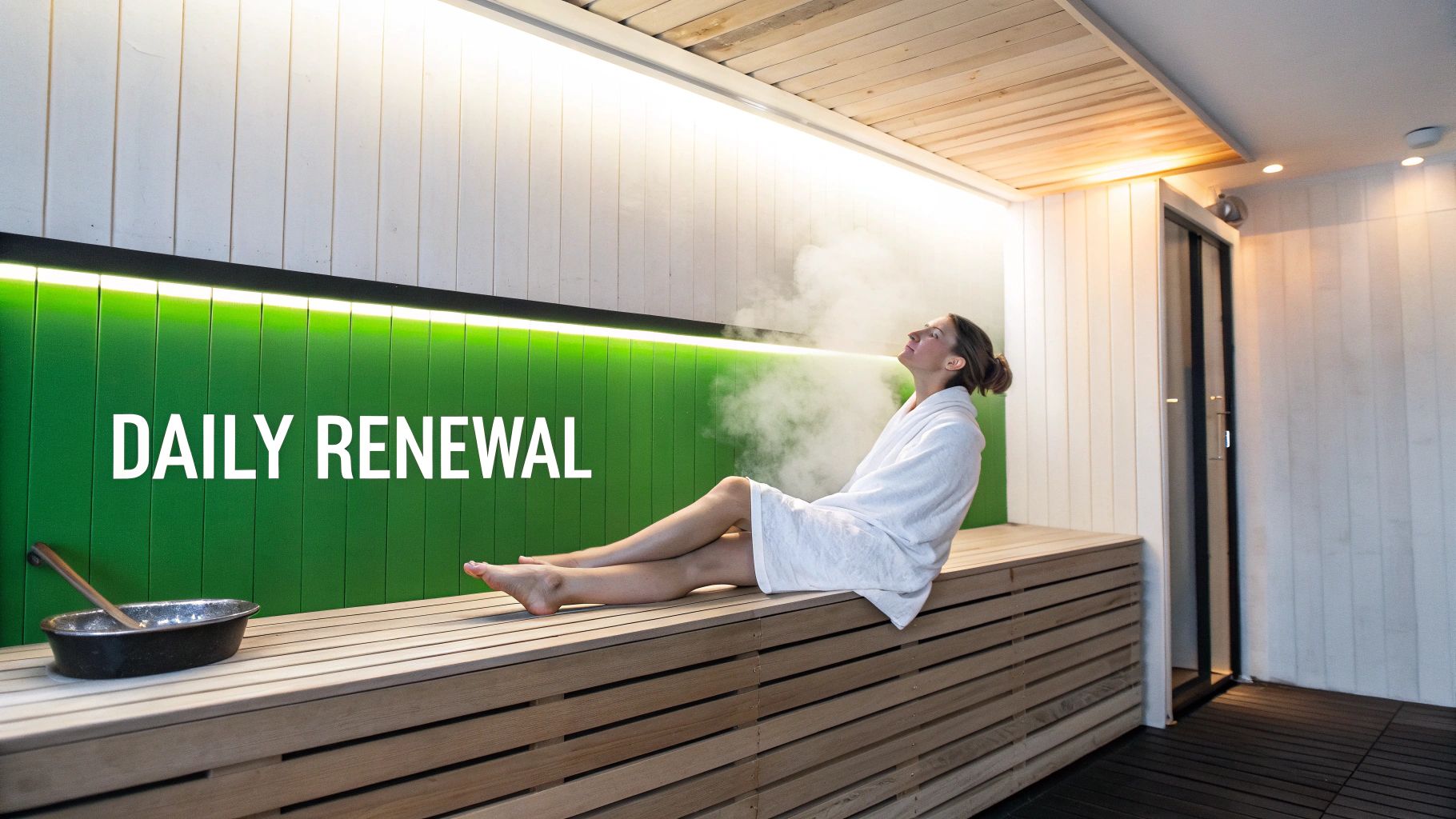 A woman in a white bathrobe relaxing on a wooden bench in a modern steam room, enjoying daily renewal.