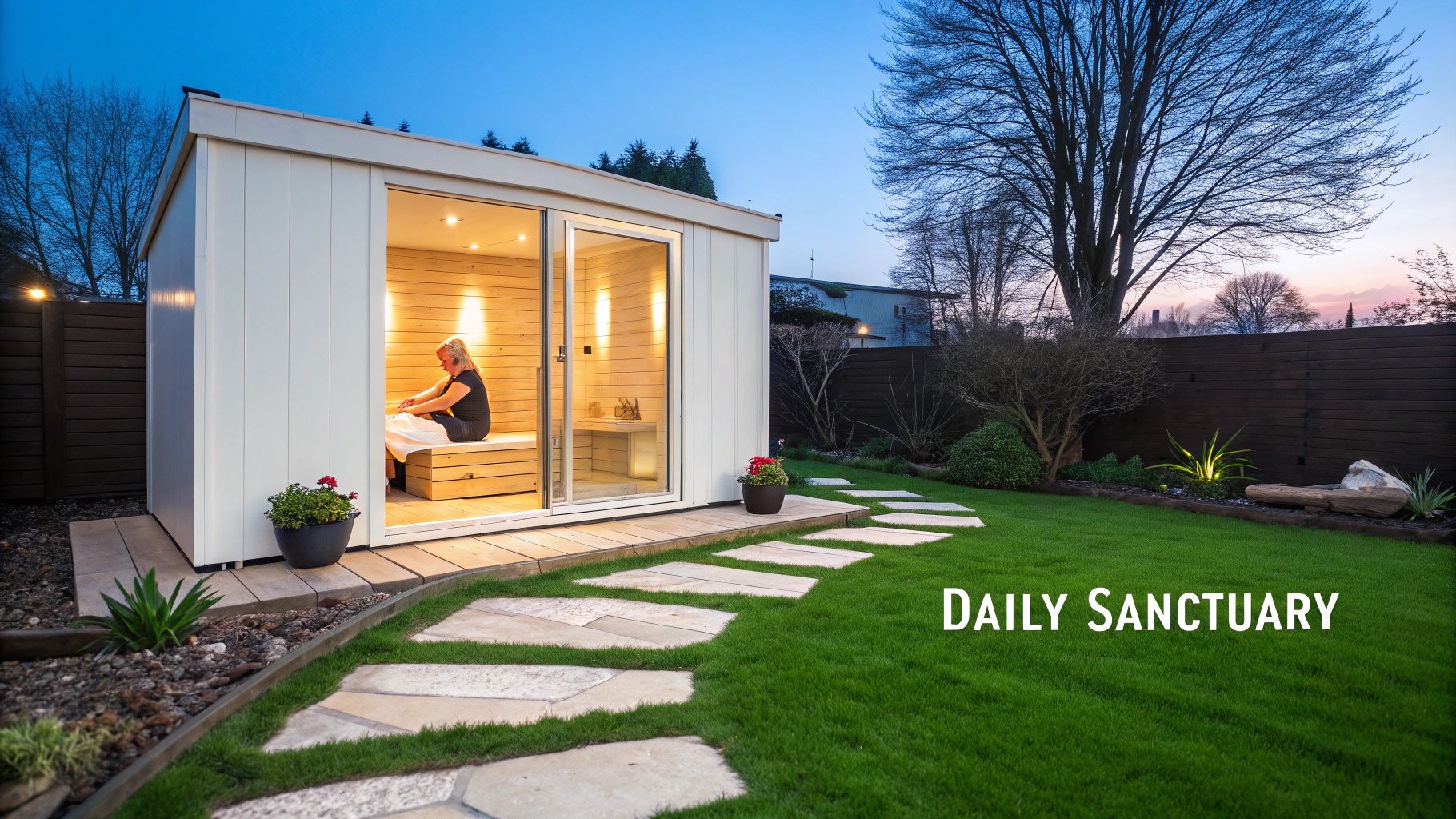 A modern outdoor backyard sauna with a woman relaxing inside, surrounded by a serene garden at dusk.