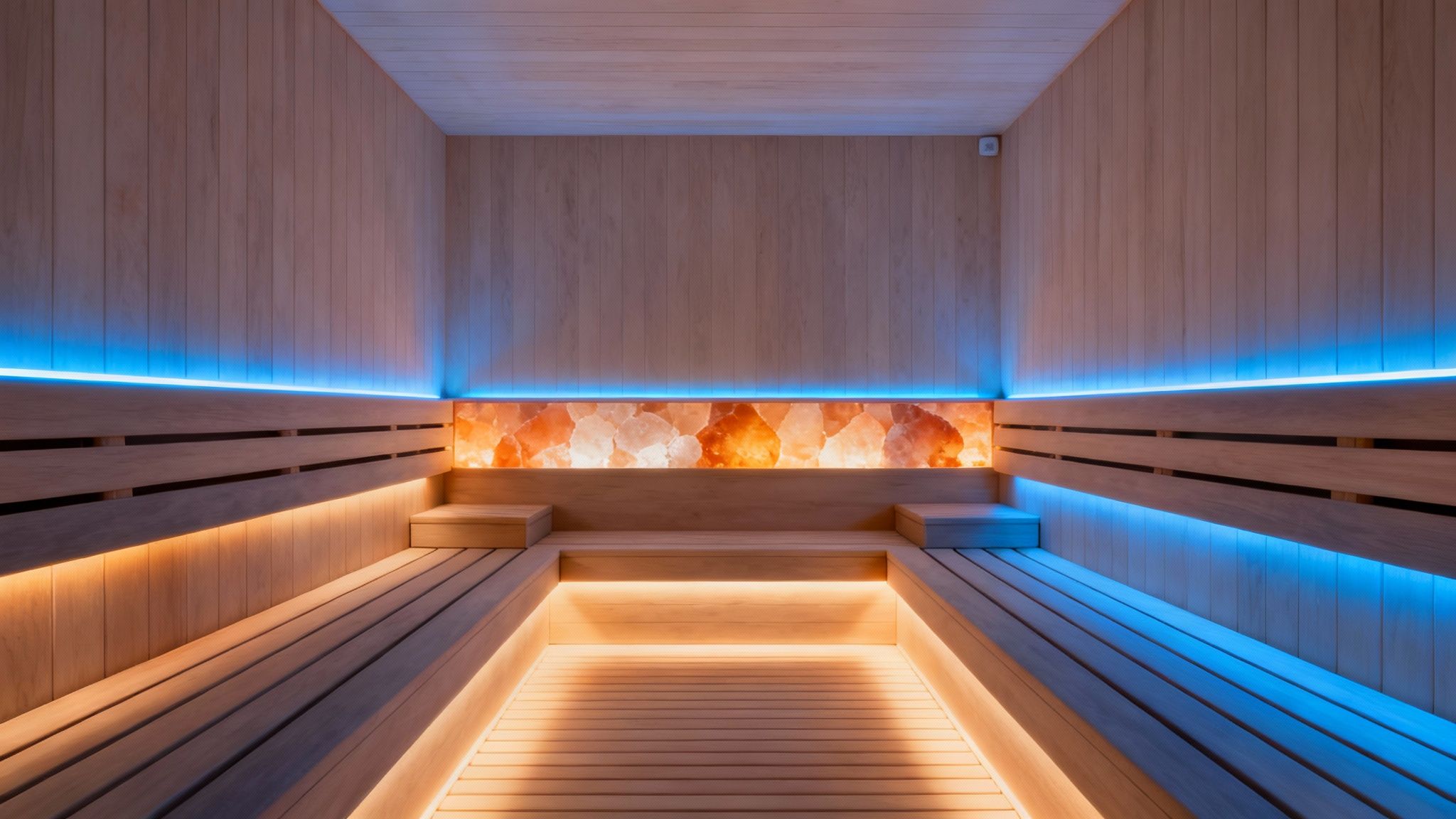 Modern luxury sauna interior with LED lighting, wooden benches, and illuminated Himalayan salt wall feature