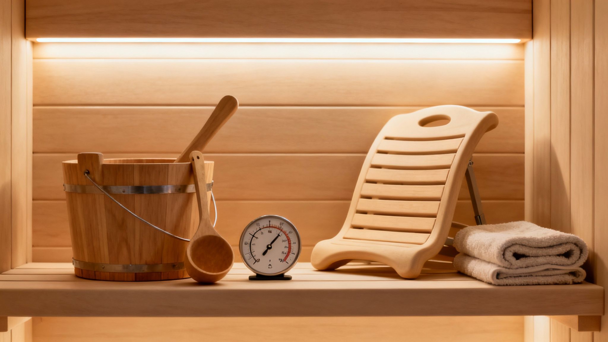 A cozy wooden sauna interior with a bucket, ladle, thermometer, reclining chair, and towels.