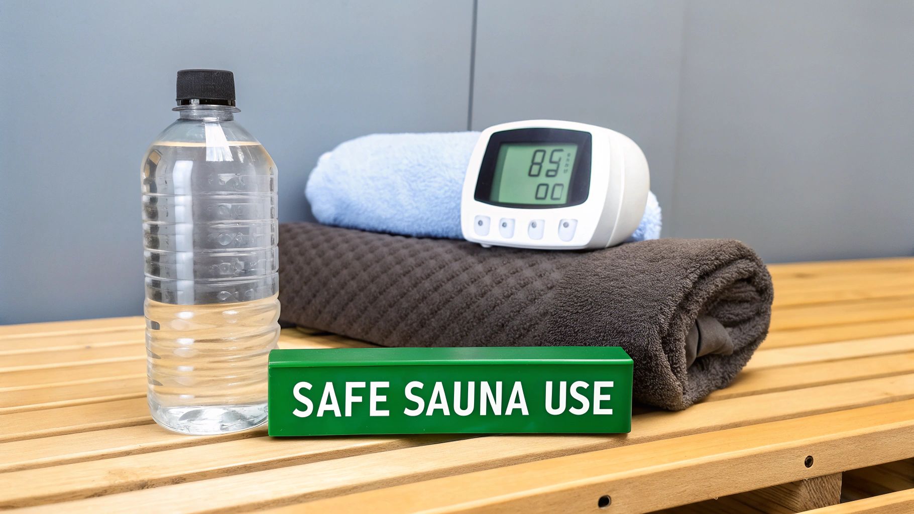 Sauna essentials on a wooden bench: water bottle, towels, thermometer, and 'SAFE SAUNA USE' sign.
