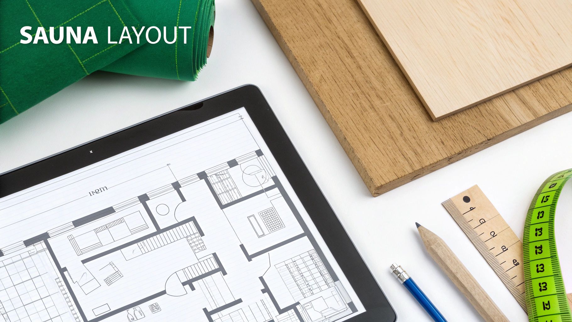 Designing a sauna layout with a tablet displaying plans, wood samples, measuring tape, and pencils.