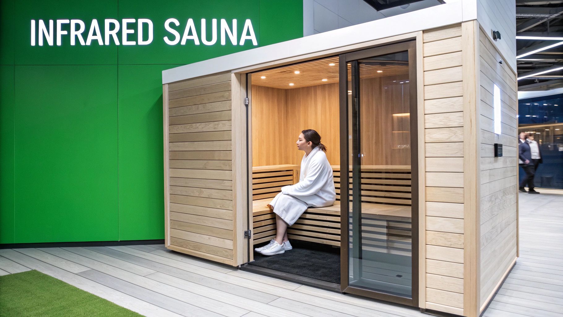 Woman in a white robe sits inside a contemporary wooden infrared sauna against a green wall.