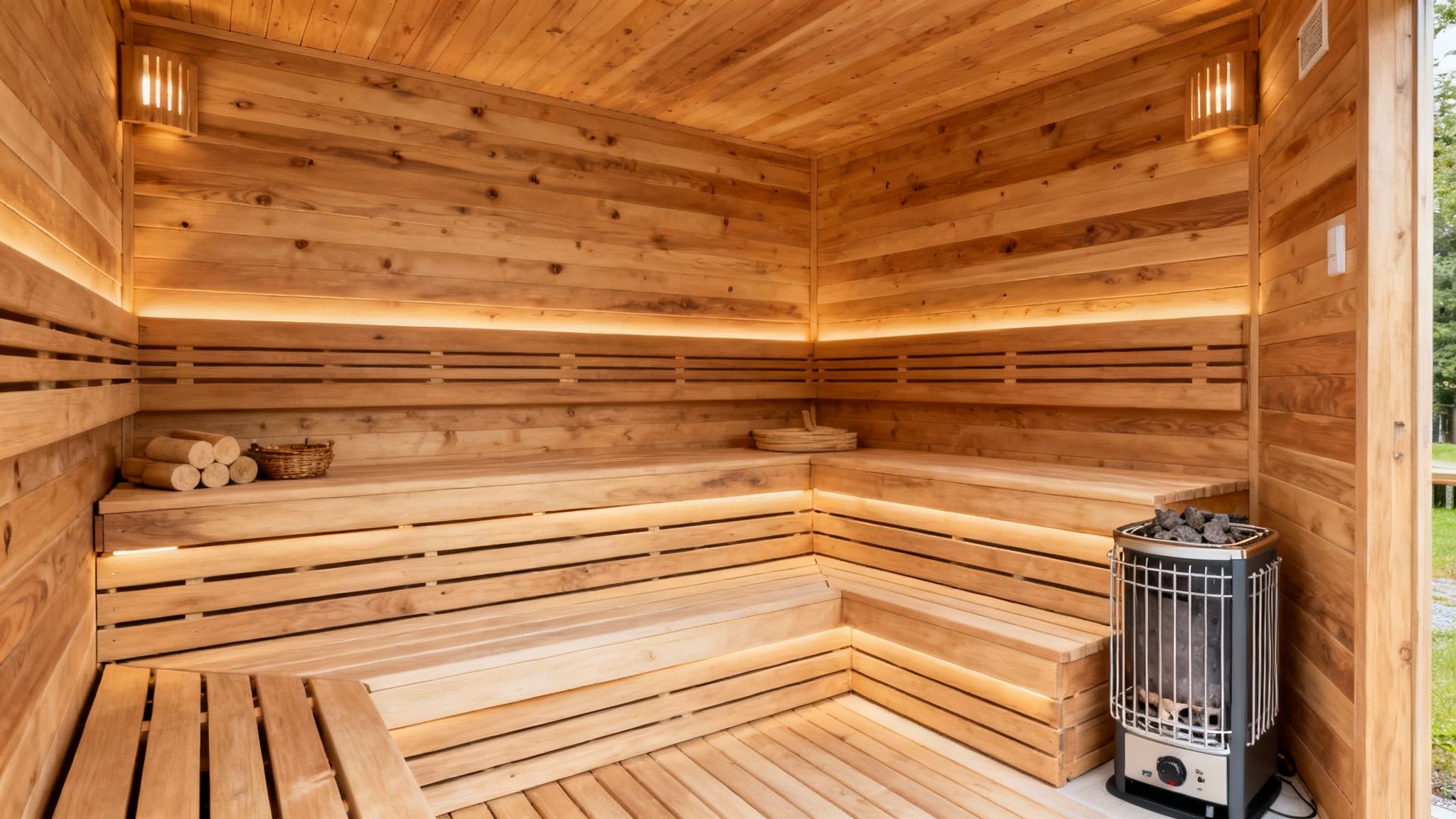 A cozy, well-crafted sauna interior showing wooden benches and an electric heater with stones.