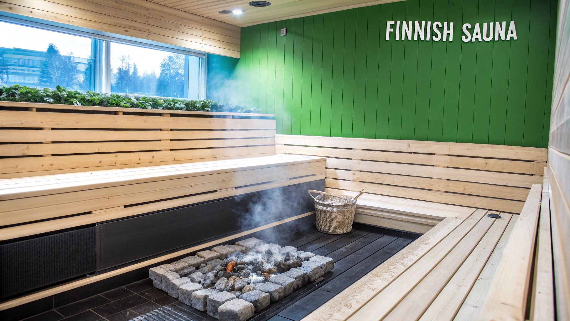 A modern Finnish sauna interior featuring light wood benches, a steaming rock heater, a large window, and a vibrant green wall.