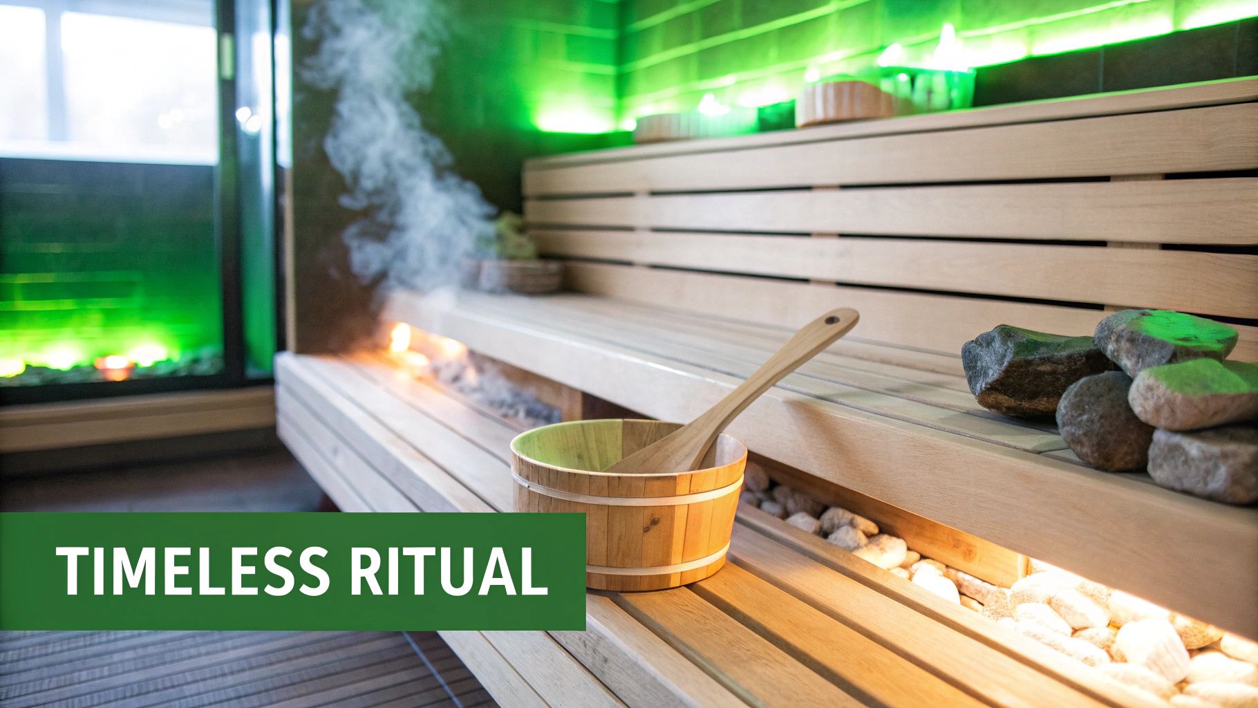A traditional steam sauna interior with wooden benches, rising steam, a wooden bucket, and heated stones.