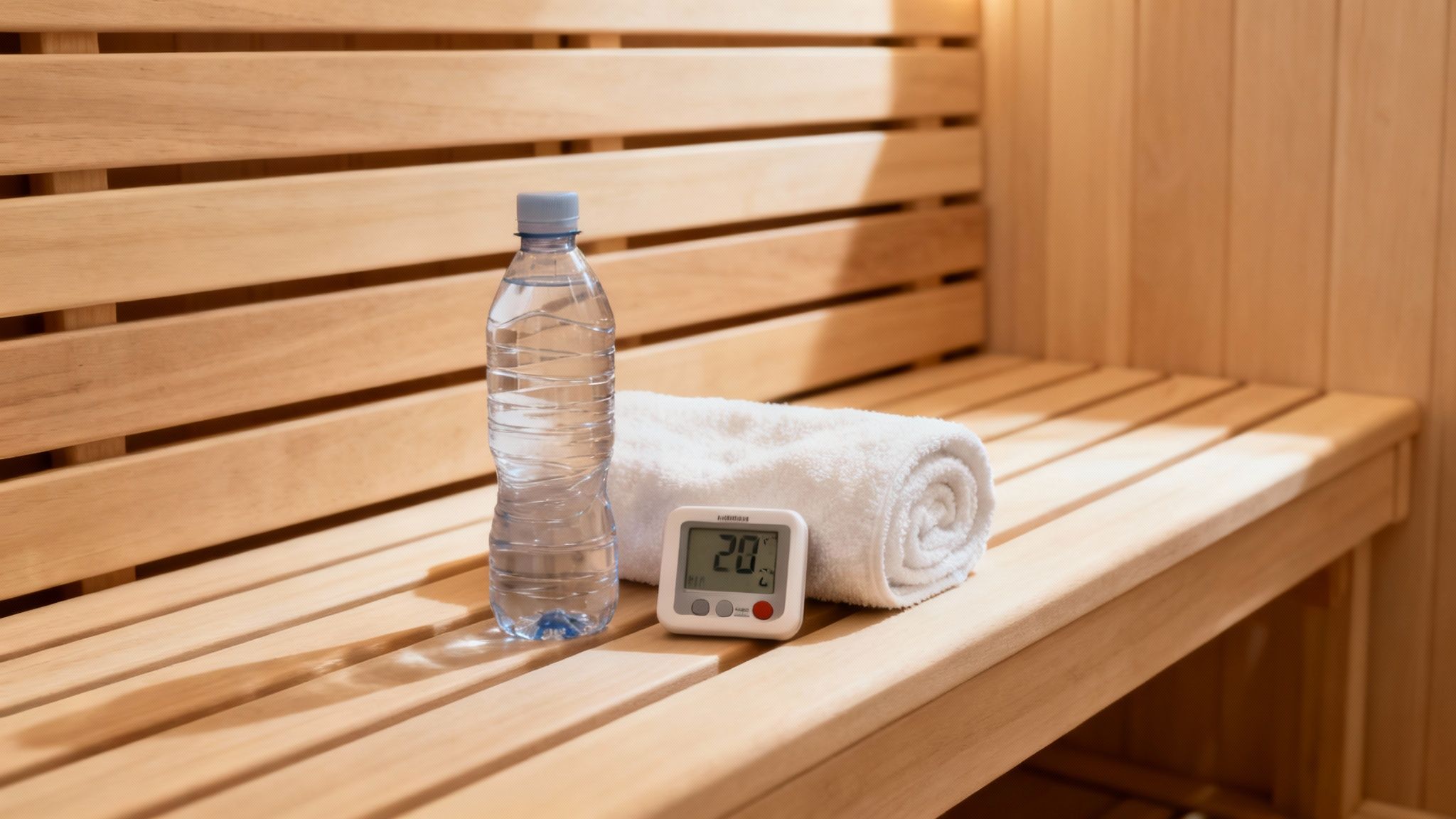A woman is drinking water from a bottle before her sauna session.