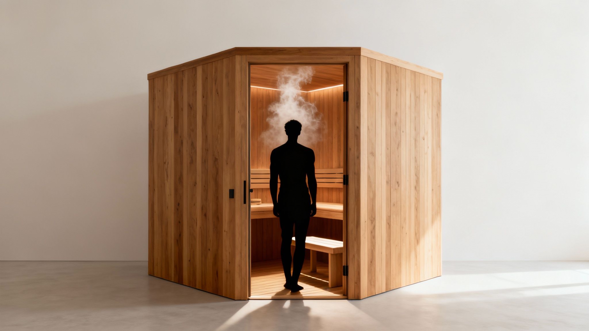 A silhouette of a person standing in the illuminated doorway of a modern wooden sauna, with steam inside.