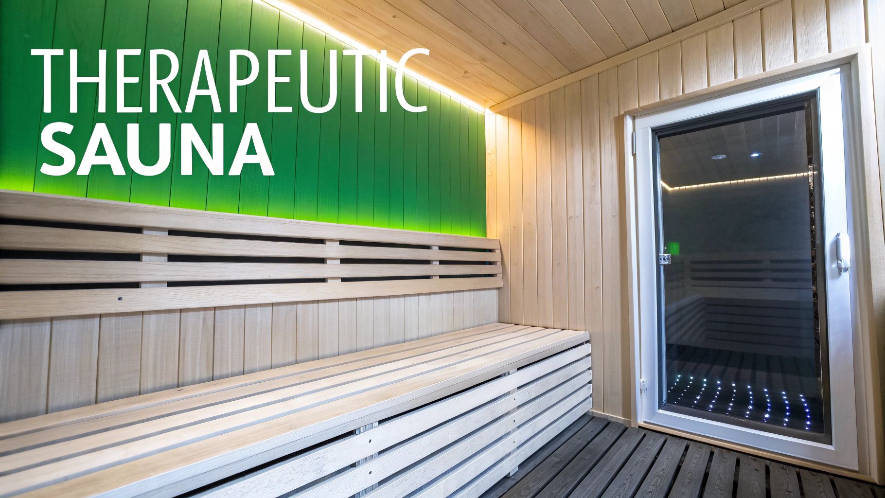 Interior of a modern therapeutic sauna with light wooden benches, a green illuminated wall, and a glass door.