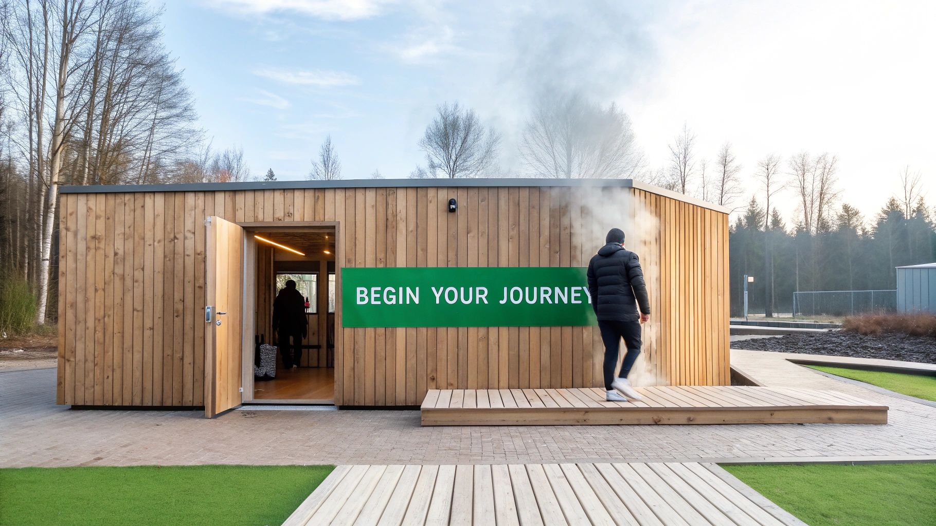 A person walks from a wooden building emitting steam, with a sign 'BEGIN YOUR JOURNEY'.