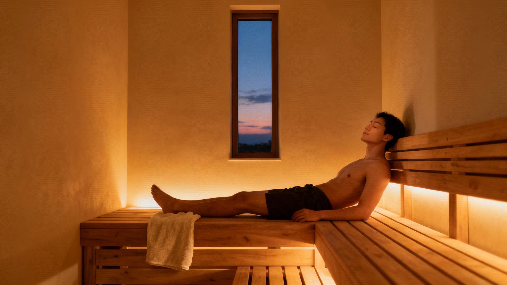 A sauna with a view of a tranquil evening sky