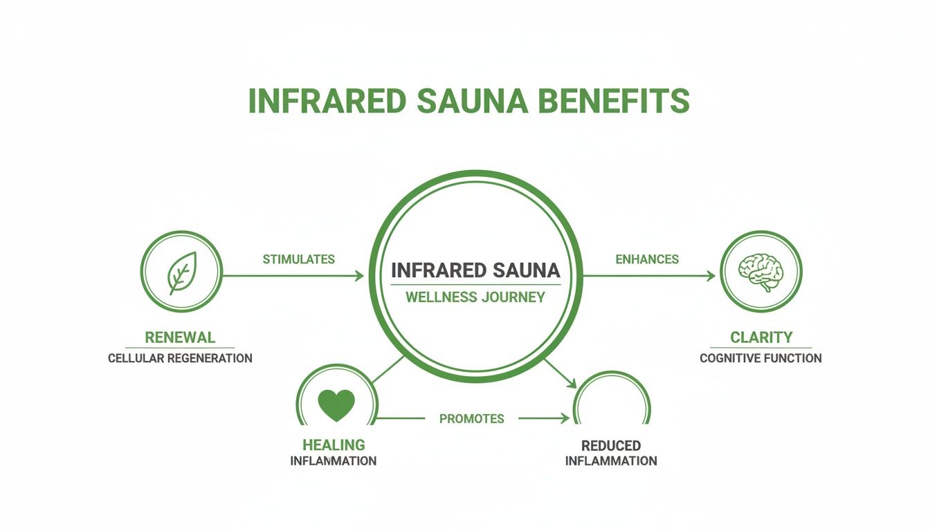 Diagram illustrating infrared sauna benefits: stimulates renewal, enhances clarity, promotes healing, and reduces inflammation.
