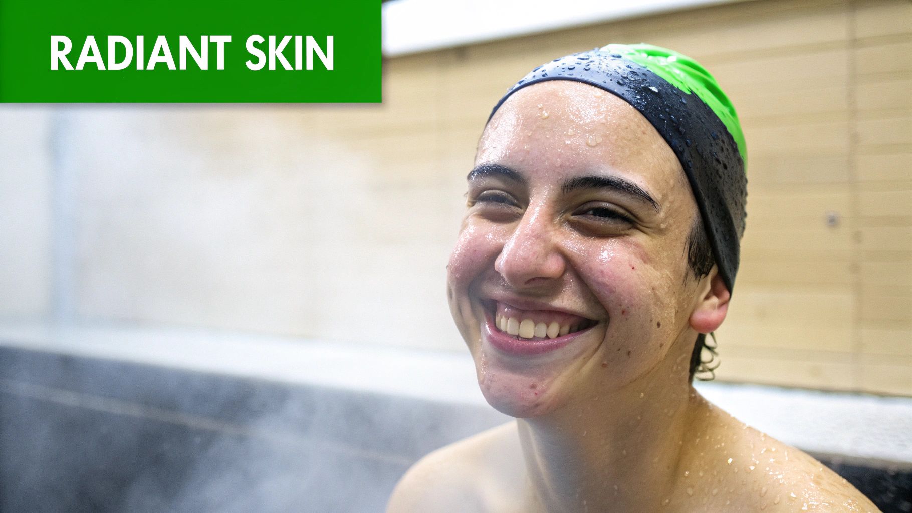 A smiling person with wet skin and a swim cap, enjoying a steamy environment for radiant skin.