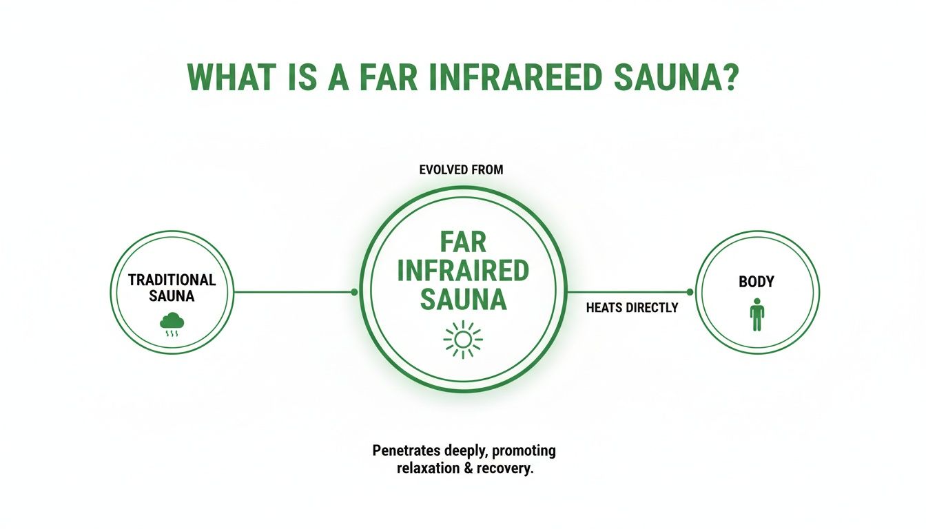Infographic explaining Far Infrared Sauna, its evolution from traditional saunas, and direct body heating benefits.