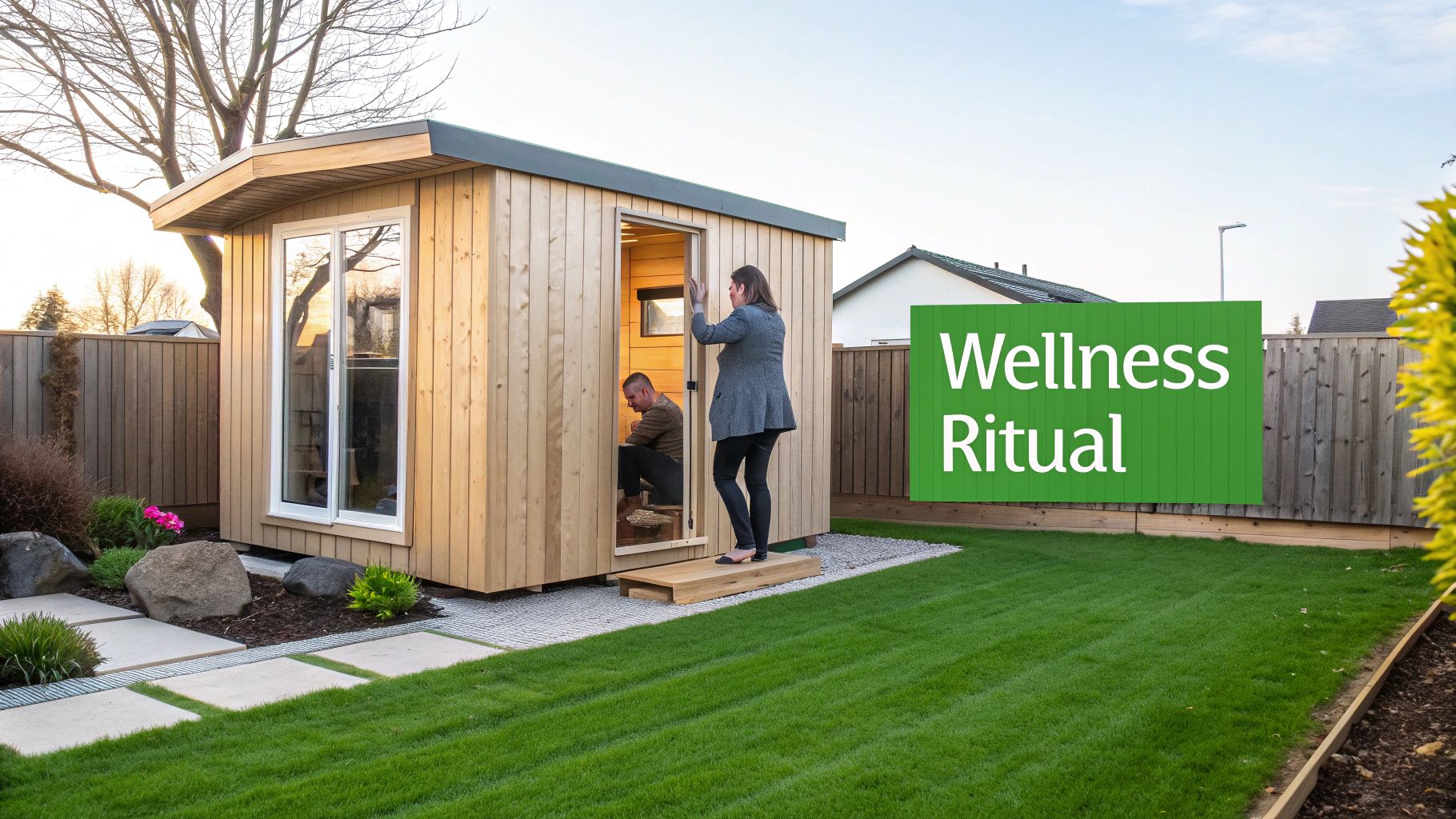 A woman enters a modern wooden outdoor sauna in a serene backyard with a man inside.