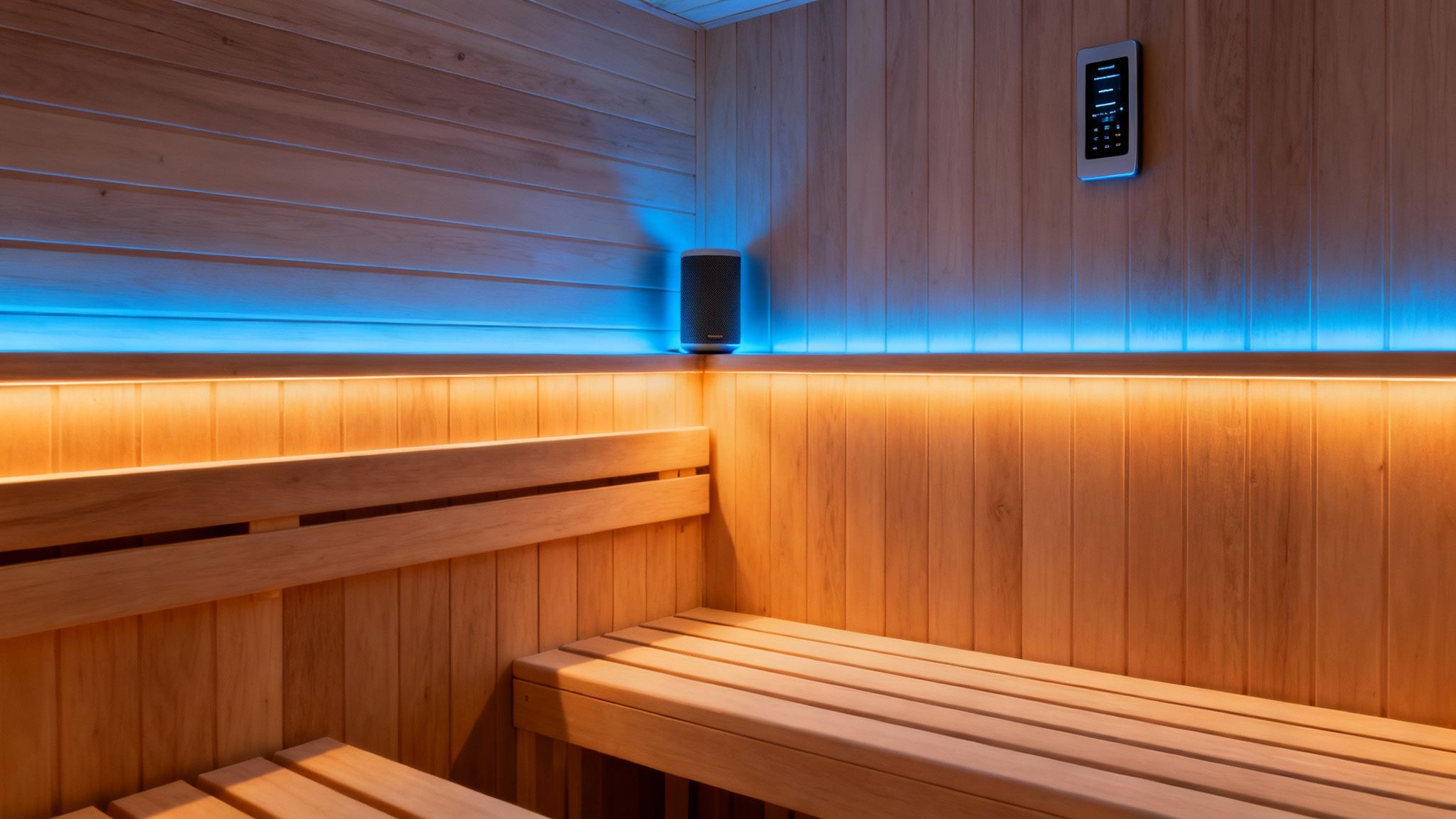 A person using a smartphone to control the lighting and temperature of their modern sauna.