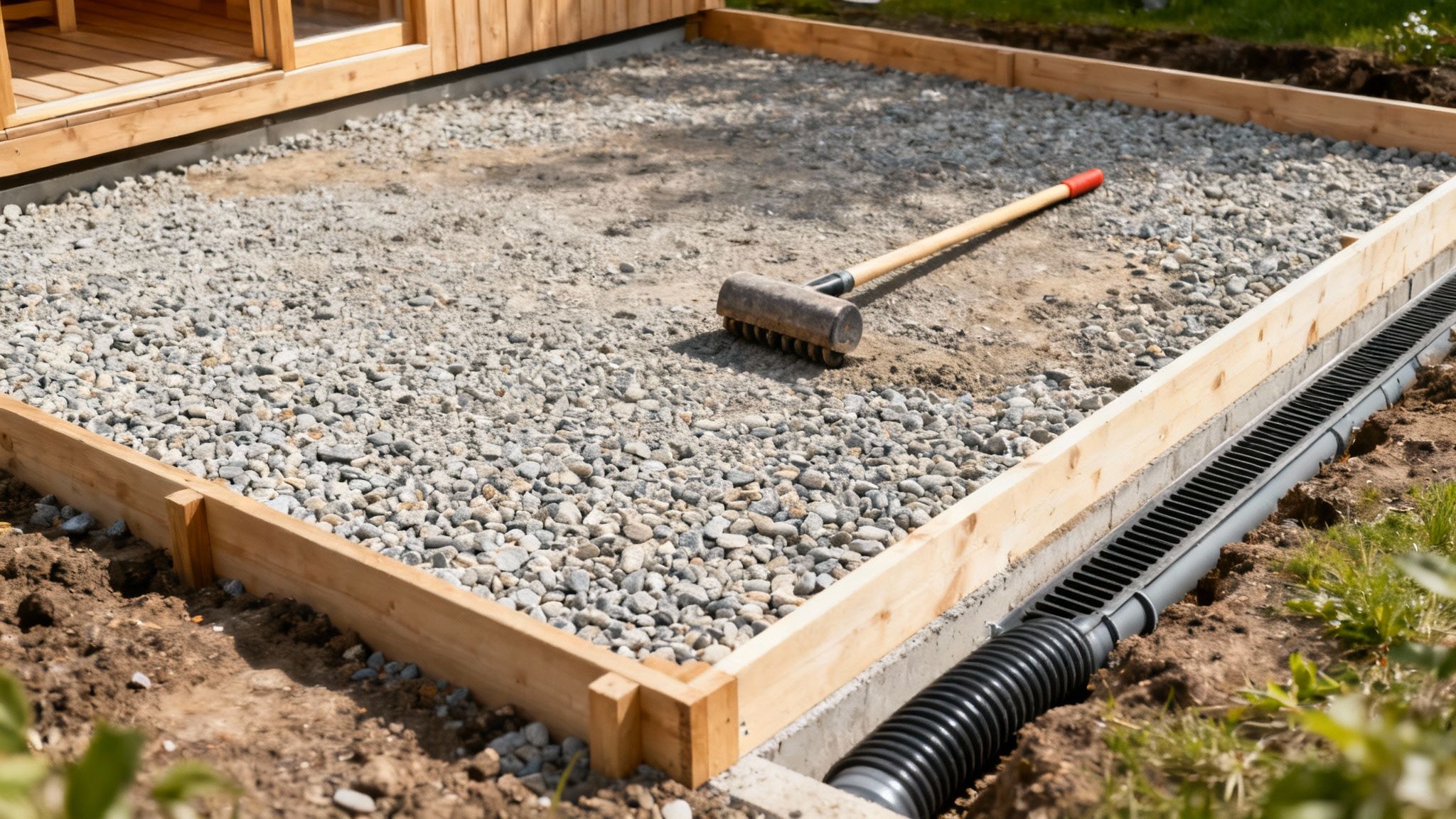 A well-prepared backyard space with a concrete slab ready for a sauna