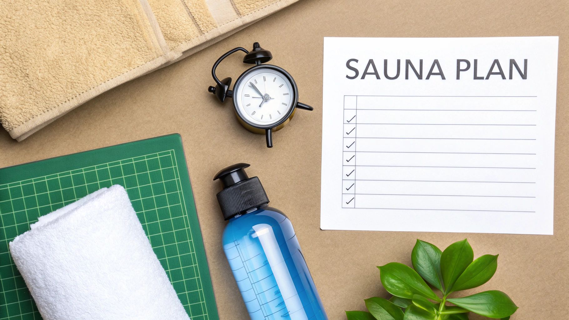 A flat lay of a sauna plan checklist, alarm clock, water bottle, and towels on a brown background.