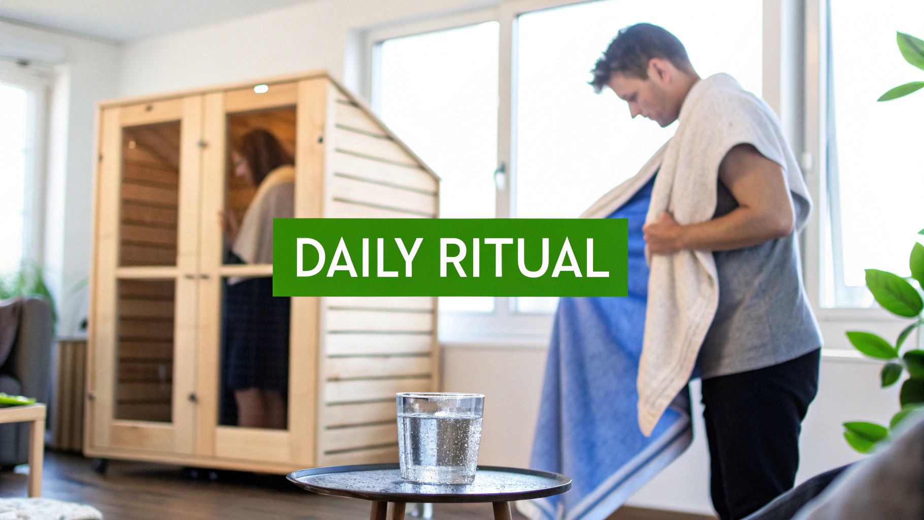 A man with a towel preparing to use a modern wooden home sauna, with another person visible inside.