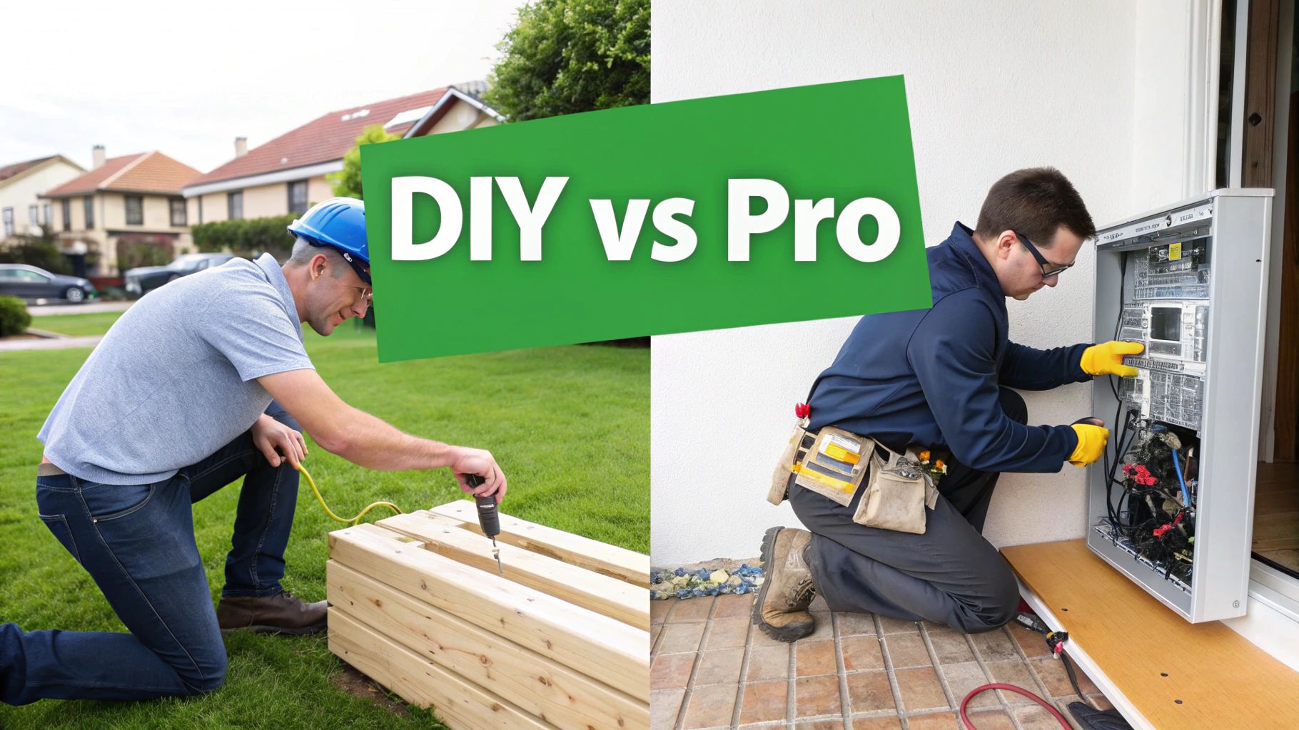 Split image showing a man doing DIY woodwork and a professional electrician working on a panel.
