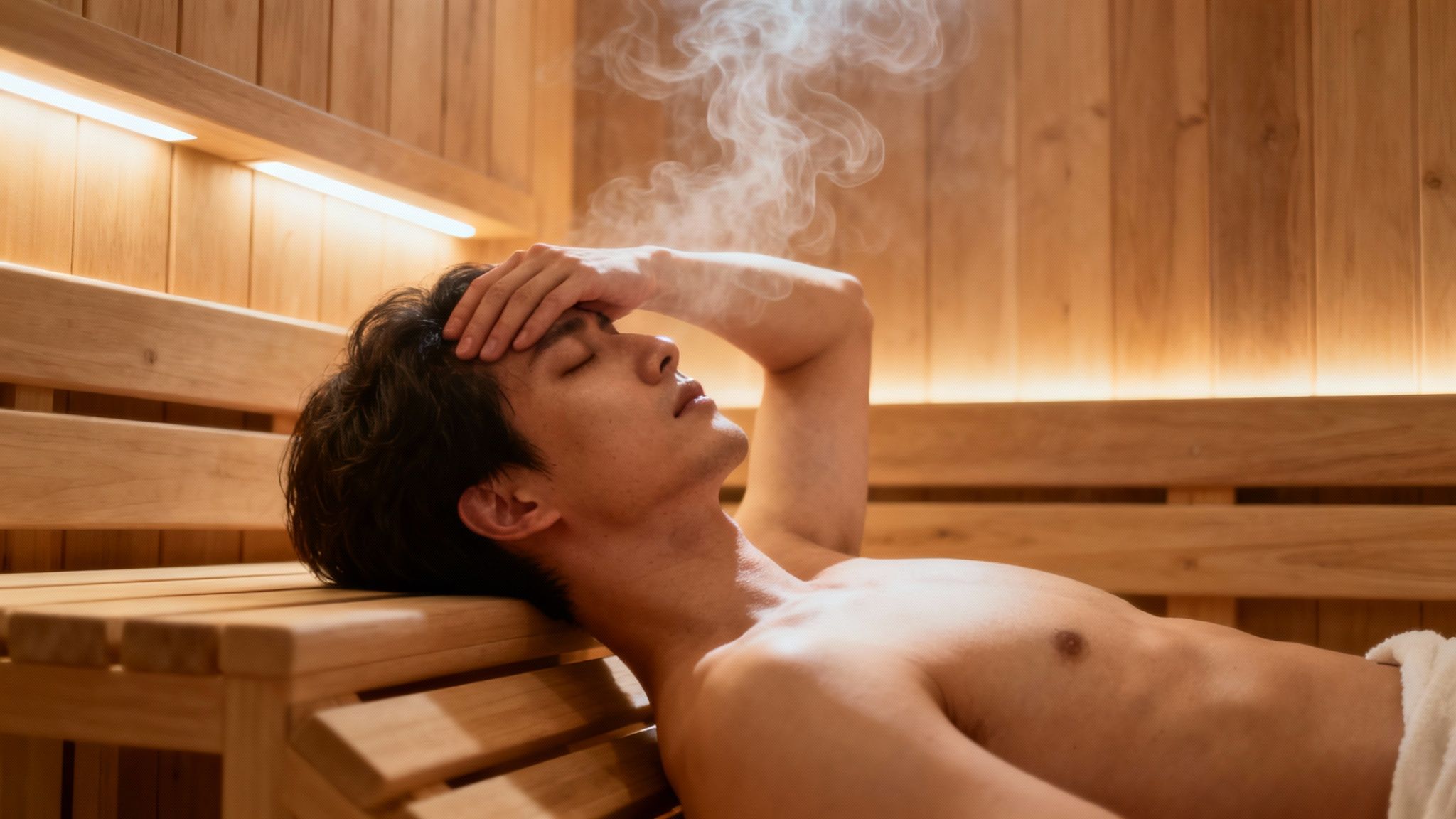 Person relaxing inside a sauna with gentle light