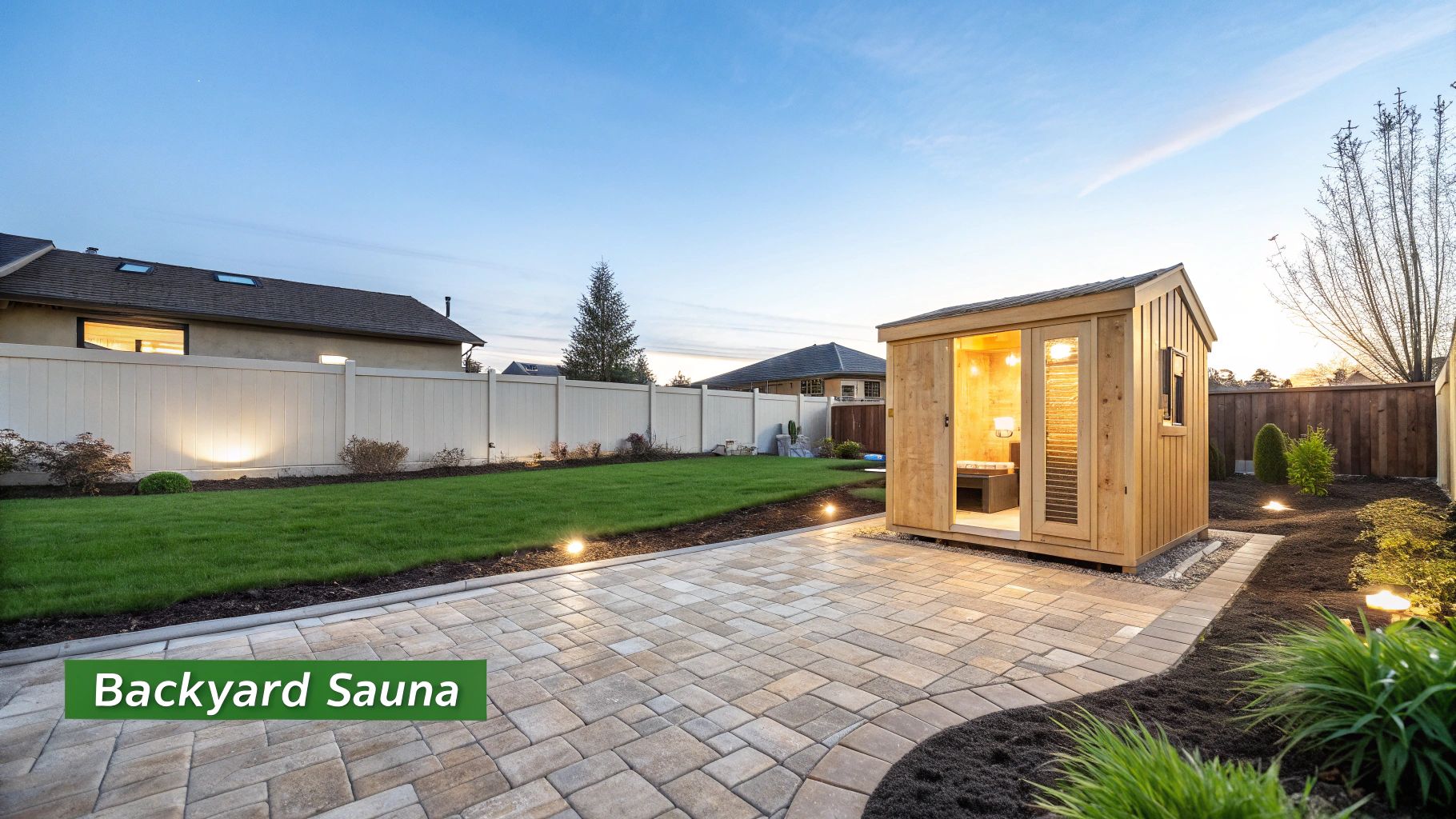 A modern wooden sauna with glass doors illuminated, situated in a landscaped backyard with a paved patio.