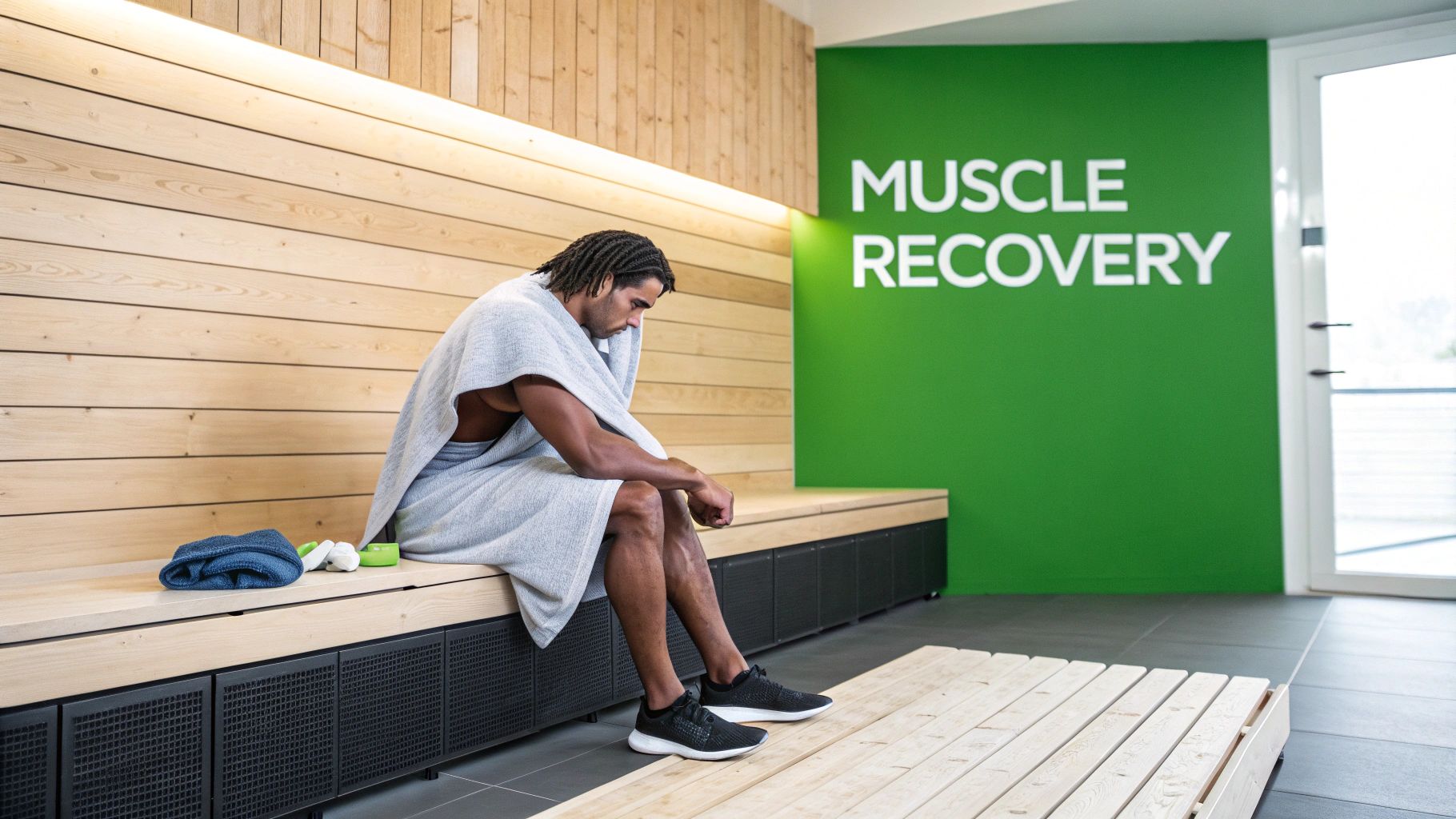 A man in a towel sits thoughtfully on a wooden bench in a modern muscle recovery room.