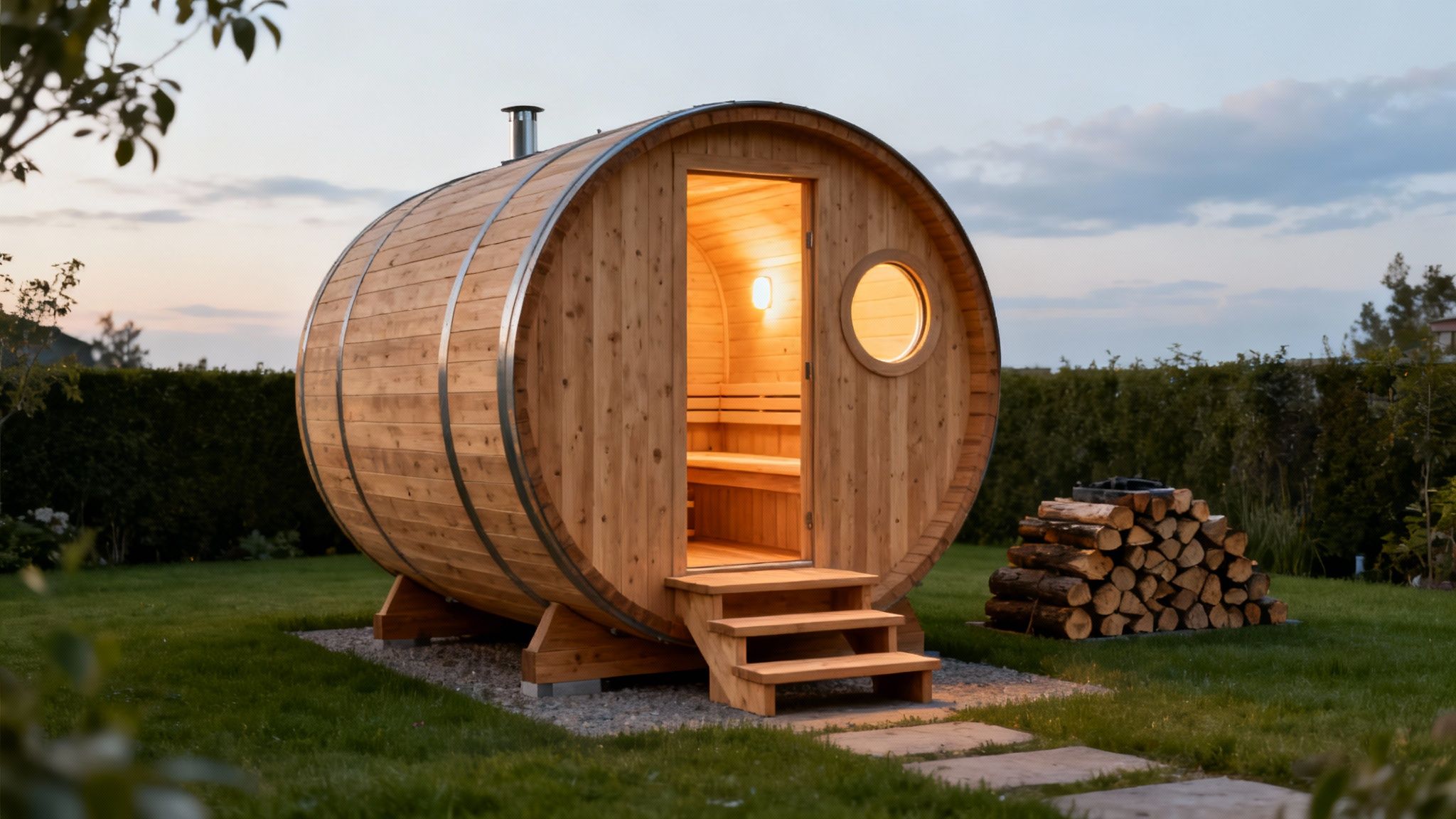 Barrel-shaped outdoor wooden sauna with glowing interior light and chimney pipe in backyard garden