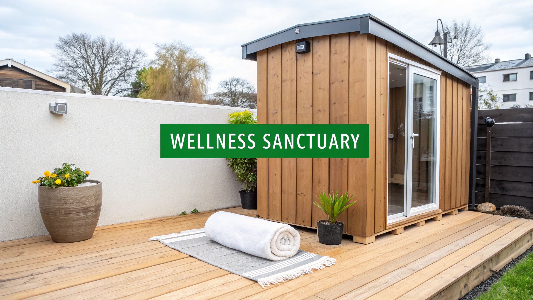 An outdoor wooden sauna building on a deck with plants, a towel, and a sign saying 'Wellness Sanctuary'.