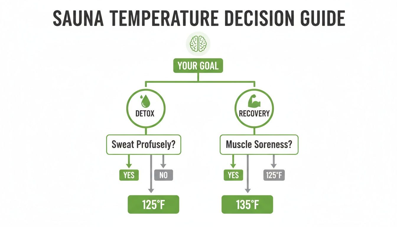 Flowchart guide for ideal sauna temperatures based on detox or muscle recovery goals.