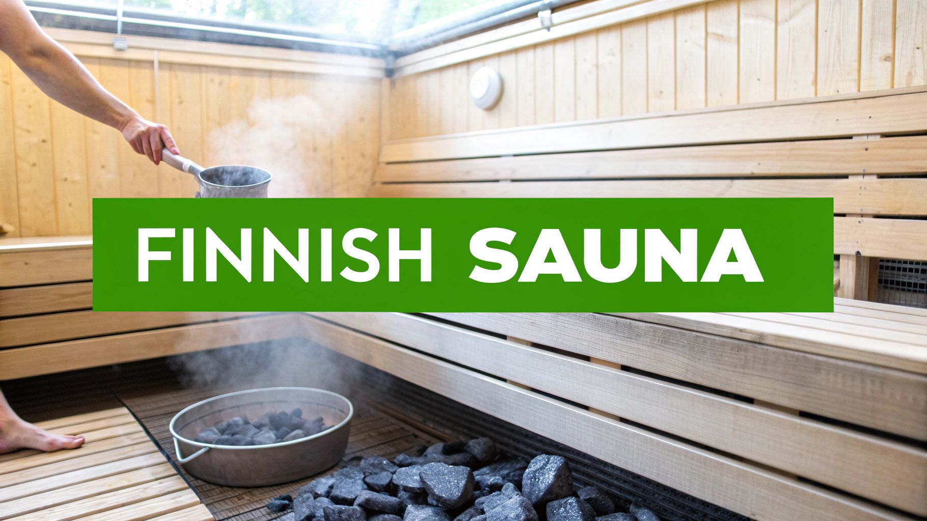 A person pours water on hot rocks, generating steam inside a traditional Finnish sauna.