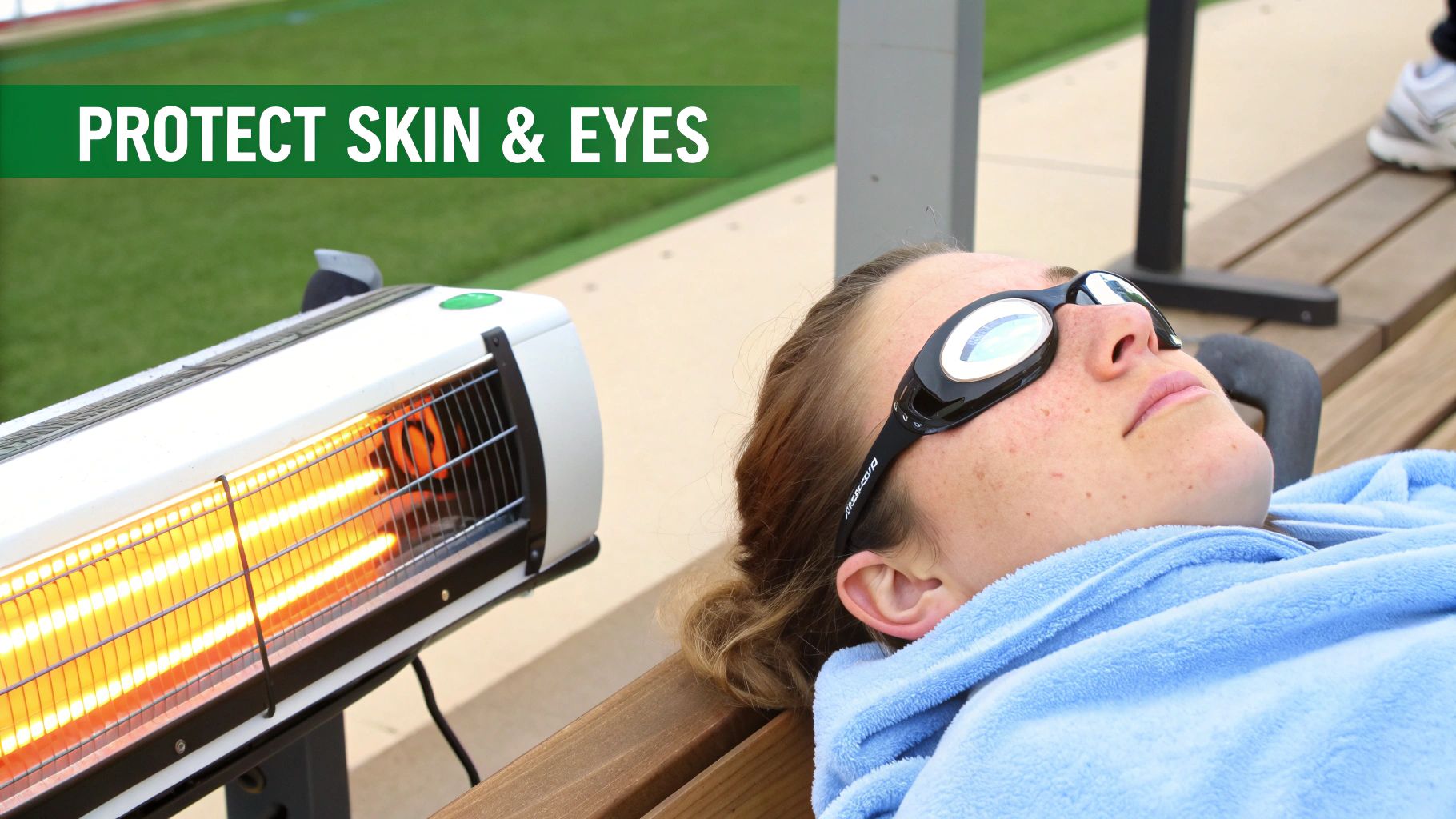 Person wearing protective goggles near an infrared heater, emphasizing skin and eye protection.