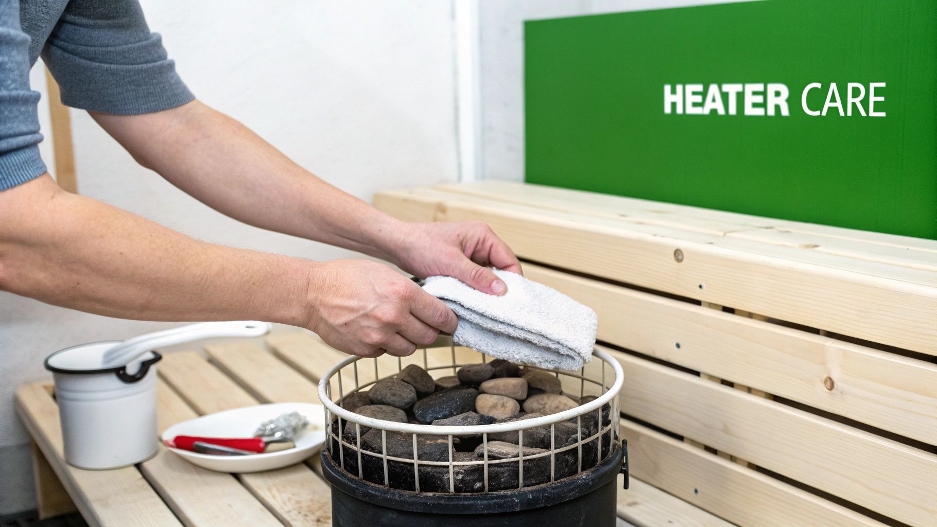 A person's hands cleaning a sauna heater filled with rocks with a white towel, with a green 'HEATER CARE' sign in the background.