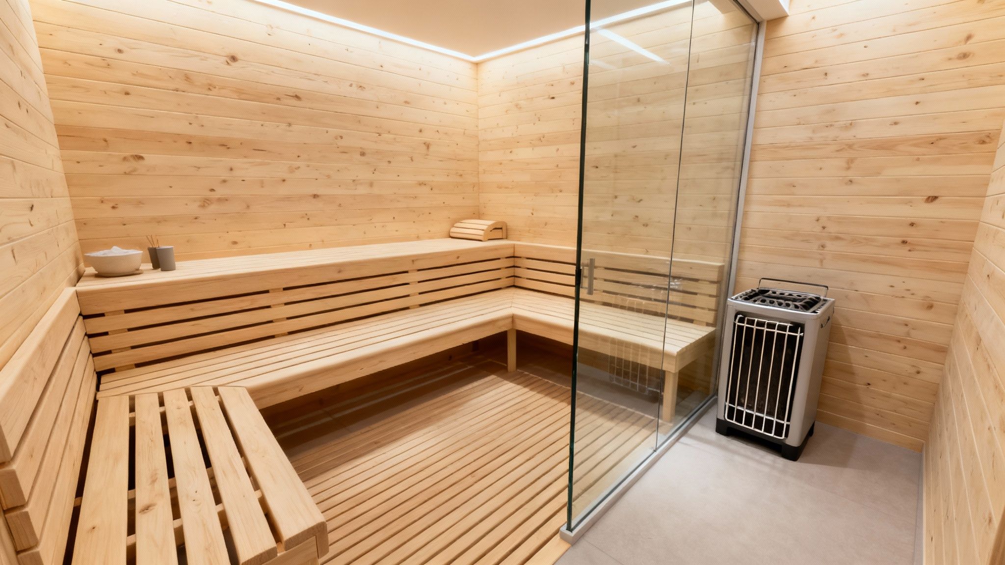 Woman enjoying the ambient lighting in a modern home sauna.
