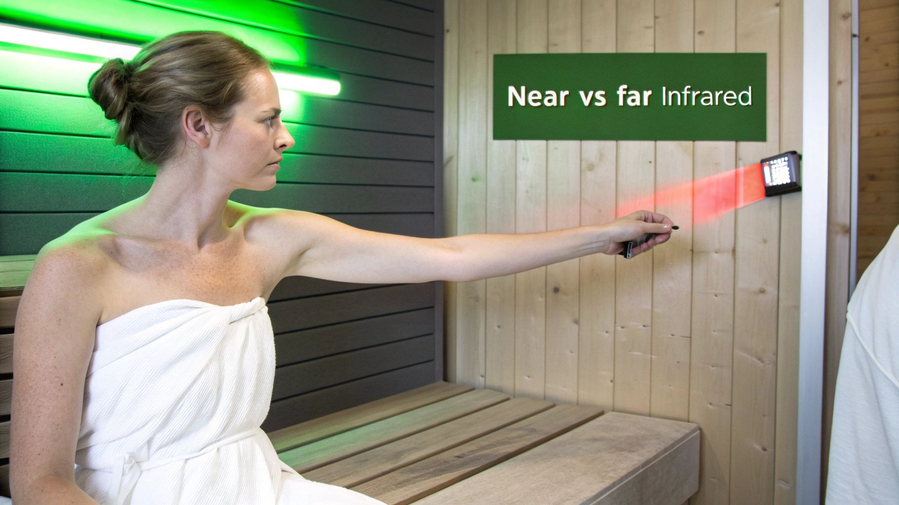 Woman demonstrates infrared light in a sauna room, comparing near versus far infrared therapy.