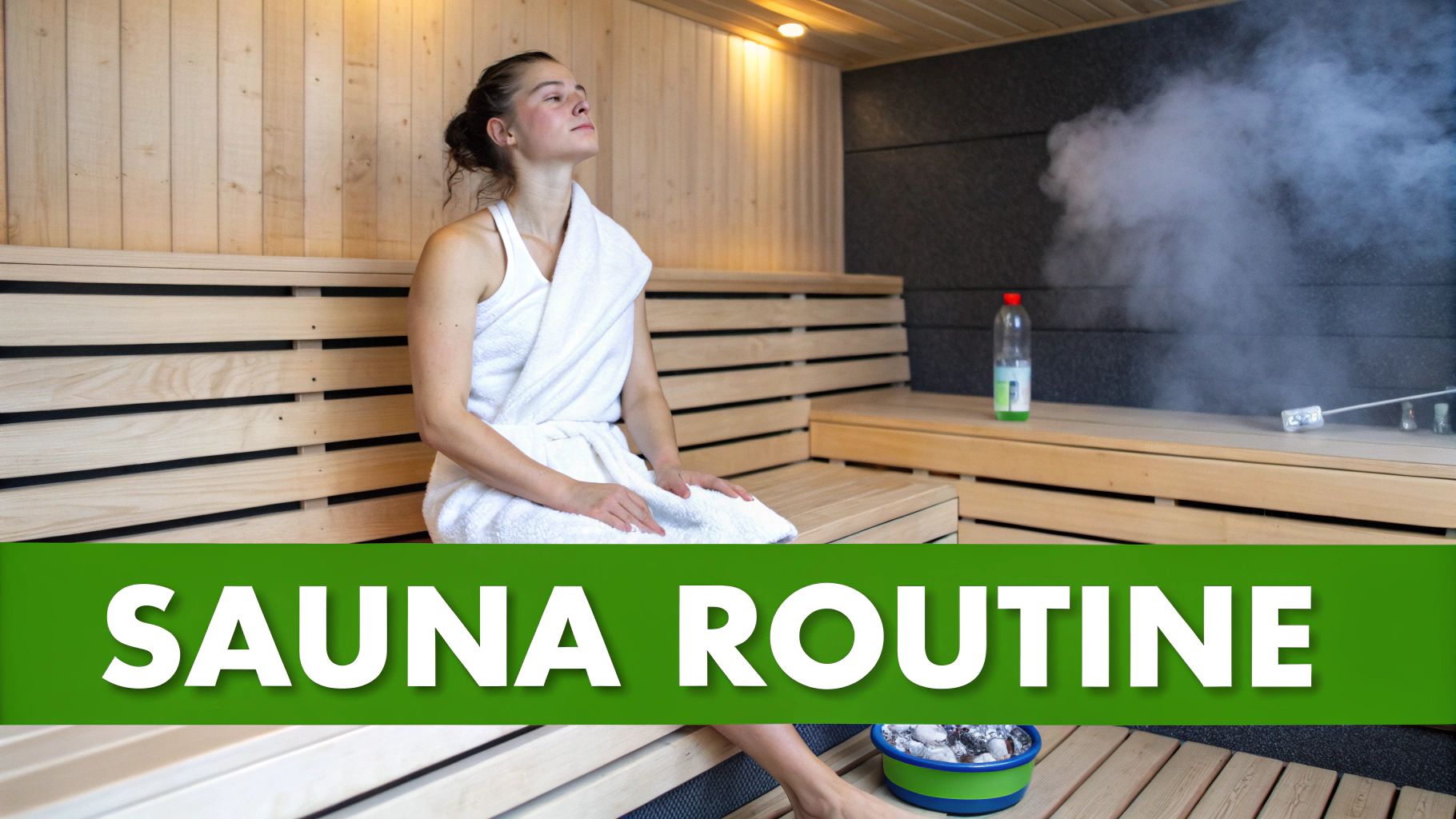 A relaxed woman in a white towel enjoys a steamy sauna, practicing her wellness routine.