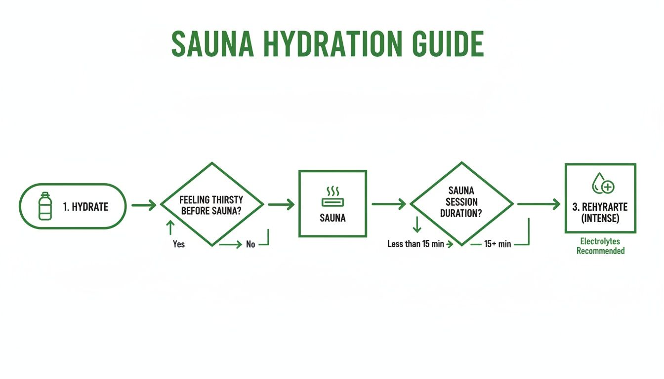 A flowchart illustrating a sauna hydration guide, outlining steps for optimal hydration before and after sessions.